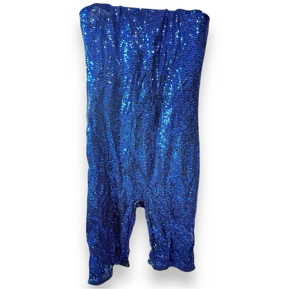 Black Bead Fabulous Blue Sequin Biker Short Jumpsuit | Glitter Party Festival